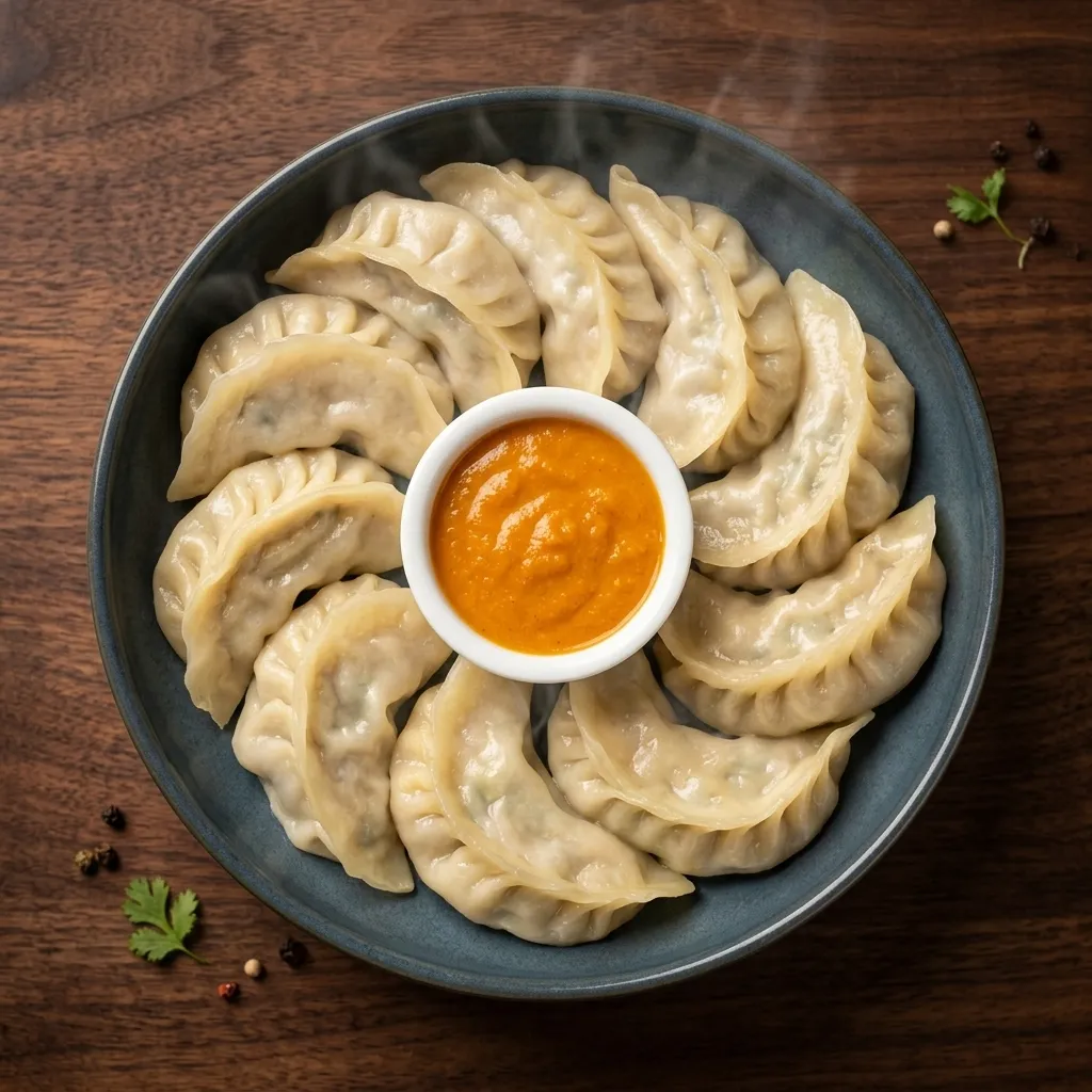 Handmade Chicken Momos with dipping sauce at Saboos Chilliwack